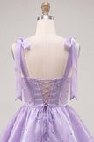Lilac Ruffled A Line Lace Up Back Graduation Dress with Pearls