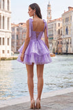 Lilac Ruffled A Line Lace Up Back Graduation Dress with Pearls