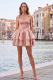 Lilac Ruffled A Line Lace Up Back Graduation Dress with Pearls