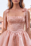 Lilac Ruffled A Line Lace Up Back Graduation Dress with Pearls