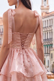 Lilac Ruffled A Line Lace Up Back Graduation Dress with Pearls