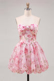 Strapless Pink Floral Cute A-Line Party Dress with Lace Up Back