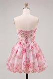 Strapless Pink Floral Cute A-Line Party Dress with Lace Up Back