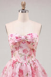 Strapless Pink Floral Cute A-Line Party Dress with Lace Up Back