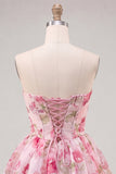 Strapless Pink Floral Cute A-Line Party Dress with Lace Up Back