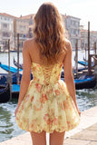 Strapless Pink Floral Cute A-Line Party Dress with Lace Up Back