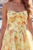 Strapless Pink Floral Cute A-Line Party Dress with Lace Up Back
