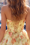 Strapless Pink Floral Cute A-Line Party Dress with Lace Up Back