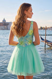 Yellow A-Line V-Neck Floral Short Graduation Dress