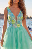 Yellow A-Line V-Neck Floral Short Graduation Dress