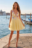 Yellow A-Line V-Neck Floral Short Graduation Dress