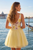 Yellow A-Line V-Neck Floral Short Graduation Dress