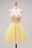 Yellow A-Line V-Neck Floral Short Graduation Dress