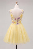 Yellow A-Line V-Neck Floral Short Graduation Dress