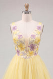 Yellow A-Line V-Neck Floral Short Graduation Dress
