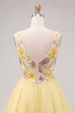 Yellow A-Line V-Neck Floral Short Graduation Dress