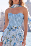 Sweetheart Pink Corset A-Line Tiered Floral Beaded Party Dress with a Neck Scarf