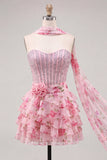 Sweetheart Pink Corset A-Line Tiered Floral Beaded Party Dress with a Neck Scarf