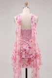 Sweetheart Pink Corset A-Line Tiered Floral Beaded Party Dress with a Neck Scarf