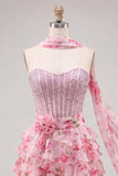 Sweetheart Pink Corset A-Line Tiered Floral Beaded Party Dress with a Neck Scarf