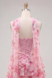 Sweetheart Pink Corset A-Line Tiered Floral Beaded Party Dress with a Neck Scarf