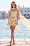 Sweetheart Pink Corset A-Line Tiered Floral Beaded Party Dress with a Neck Scarf