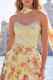 Sweetheart Pink Corset A-Line Tiered Floral Beaded Party Dress with a Neck Scarf