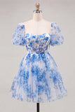 Blue A-Line Square Neck Corset Graduation Dress with Lace Up Back