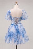 Blue A-Line Square Neck Corset Graduation Dress with Lace Up Back