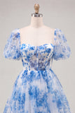 Blue A-Line Square Neck Corset Graduation Dress with Lace Up Back