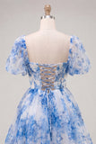 Blue A-Line Square Neck Corset Graduation Dress with Lace Up Back