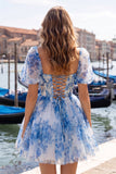 Blue A-Line Square Neck Corset Graduation Dress with Lace Up Back
