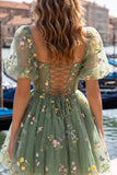 Blue A-Line Square Neck Corset Graduation Dress with Lace Up Back