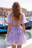 Blue A-Line Square Neck Corset Graduation Dress with Lace Up Back