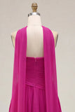 Strapless Yellow Pleated A-Line Graduation Dress with Neck Scarf