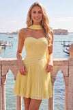 Strapless Yellow Pleated A-Line Graduation Dress with Neck Scarf