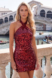 Sparkly Royal Blue Halter Bodycon Mini Sequin Party Dress with Open Back