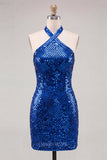 Sparkly Royal Blue Halter Bodycon Mini Sequin Party Dress with Open Back