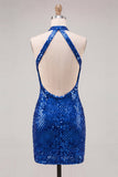 Sparkly Royal Blue Halter Bodycon Mini Sequin Party Dress with Open Back