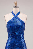 Sparkly Royal Blue Halter Bodycon Mini Sequin Party Dress with Open Back