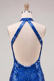 Sparkly Royal Blue Halter Bodycon Mini Sequin Party Dress with Open Back