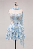 Sweetheart Pink Floral 2 Piece Ruffled A-Line Corset Cocktail Dress with Beading