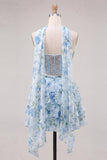 Sweetheart Pink Floral 2 Piece Ruffled A-Line Corset Cocktail Dress with Beading