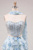 Sweetheart Pink Floral 2 Piece Ruffled A-Line Corset Cocktail Dress with Beading