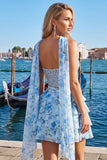 Sweetheart Pink Floral 2 Piece Ruffled A-Line Corset Cocktail Dress with Beading
