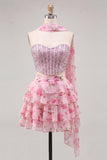 Sweetheart Pink Floral 2 Piece Ruffled A-Line Corset Cocktail Dress with Beading