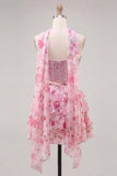 Sweetheart Pink Floral 2 Piece Ruffled A-Line Corset Cocktail Dress with Beading