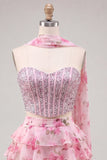 Sweetheart Pink Floral 2 Piece Ruffled A-Line Corset Cocktail Dress with Beading