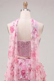 Sweetheart Pink Floral 2 Piece Ruffled A-Line Corset Cocktail Dress with Beading