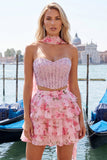 Sweetheart Pink Floral 2 Piece Ruffled A-Line Corset Cocktail Dress with Beading